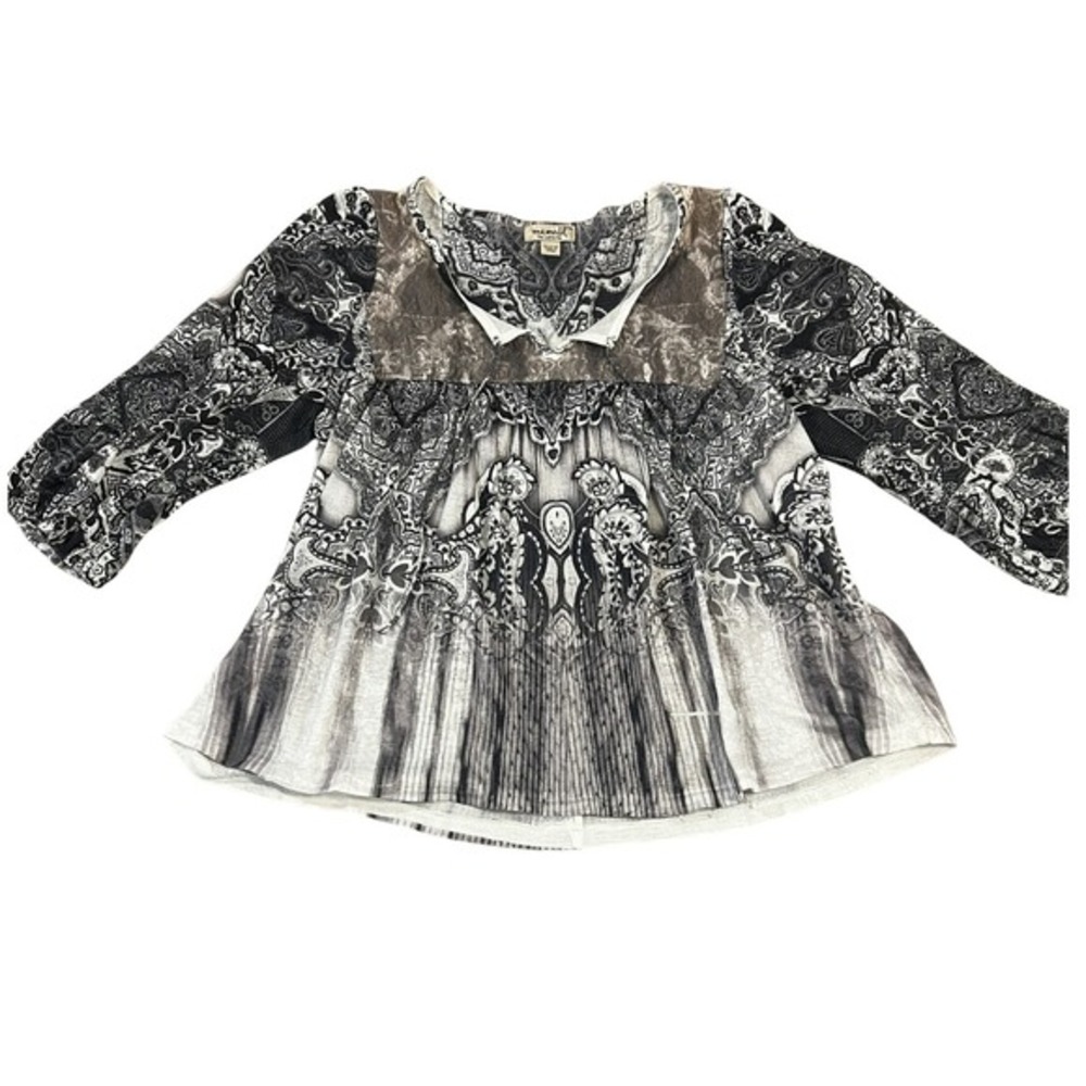 One World Womens PXL Black White Paisley‎ Print Blouse Whimsy Goth Boho Hippie